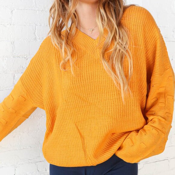 New Mustard V Neck Chunky Textured Bubble Sleeve Sweater 3x - Picture 1 of 8